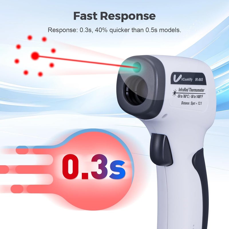 VCooklify Temperature Gun for Meat,Automotive Infrared Thermometer Gun with Ring Laser DS12:1,Digital Thermal Gun with Adjustable Emissivity&High/Low Alarm,-58~1400℉IR Temp Gun for Engine,Brakes&HVAC - Image 3